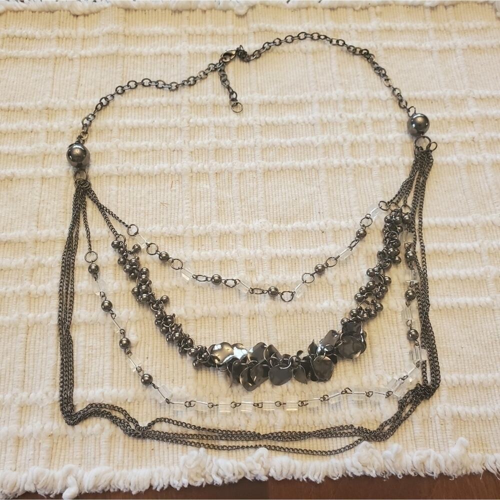 Grunge goth layered beaded Fringe and chained silver tone necklace